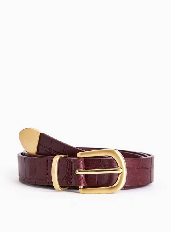 Burgundy Croc Faux Leather Metal Buckle Belt M